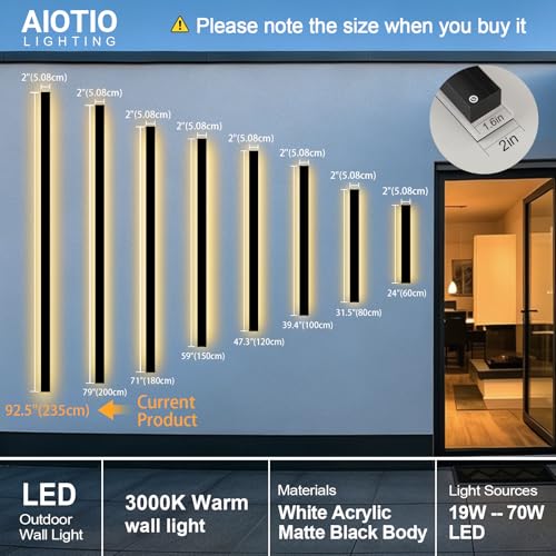 Image of AioTio Modern Outdoor Lights Fixture,2pack 92.5inch Exterior Porch Lights Fixture Wall Mount,3000K Rectangular Black Linear Long LED Outdoor Entrance Wall Sconce Lighting for Garage,Front Door