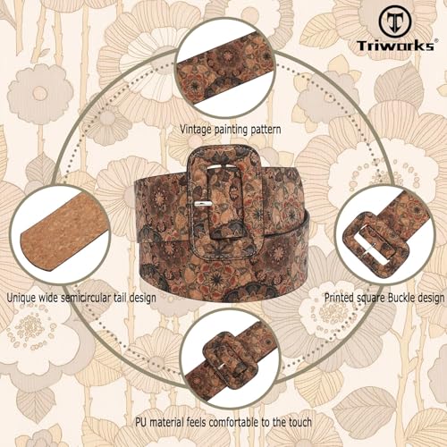 Vintage Floral Boho Print Cork Belt 70s Style For Women's Jean Dress4