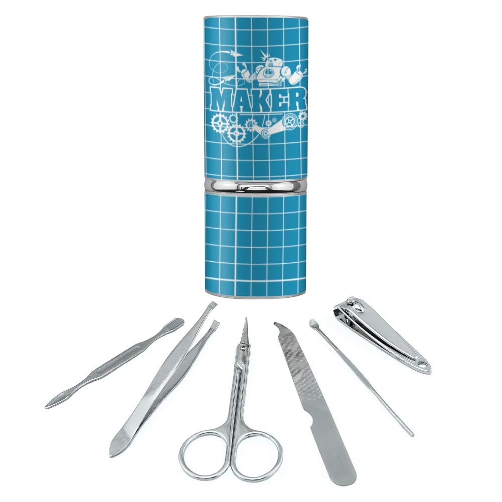 Maker Blueprint Design with Robot and Gears Stainless Steel Manicure