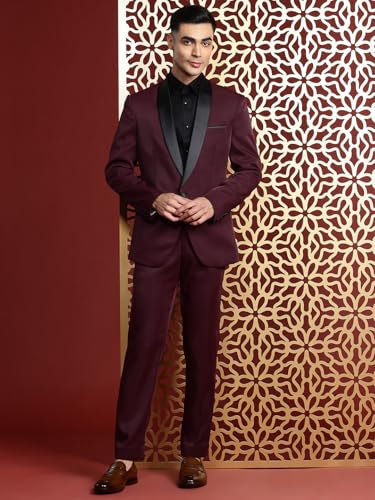 Image of MANQ Men's Solid Tuxedo Suit, Mandarin Collar, Five Pockets, Long Sleeves