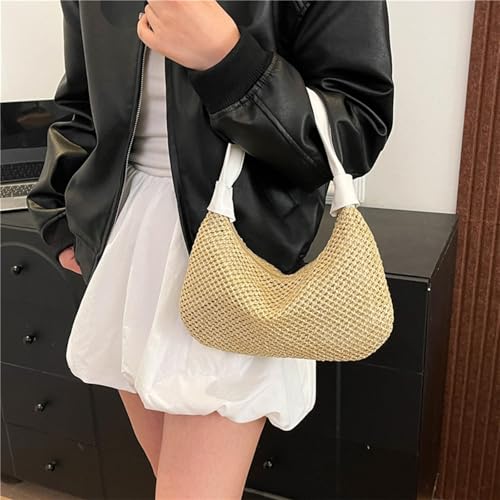 Bolsa de palha de ombro para mulheres, bolsa tote para mulheres, bolsa de mão, bolsa de ombro, bolsa de viagem, bolsa de praia, bolsa de verão, bolsa tecida, Branco, Tendência