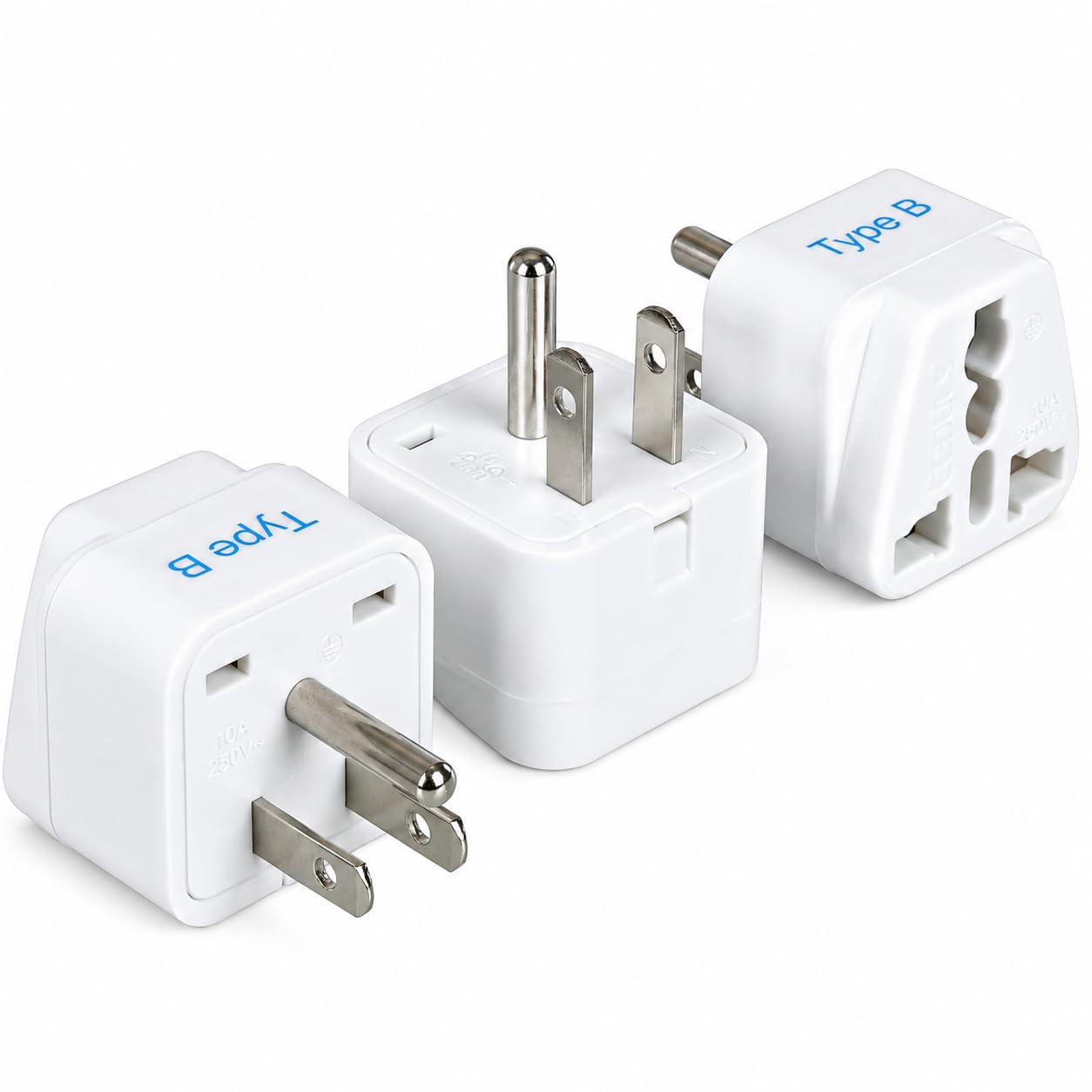 ceptics universal travel adapter for usa, canada, philippines india to us plug adapter - type b usa plug - ce certified - rohs compliant - white - 3 pack