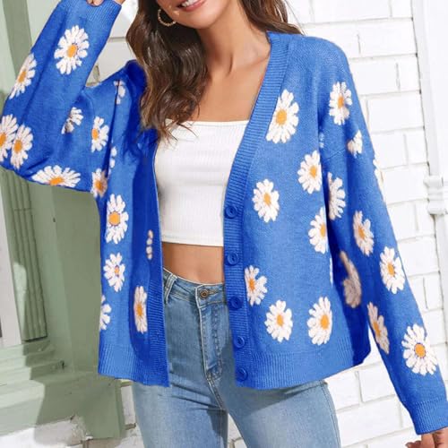 Image of Women's Long Sleeve Cardigan Sweater,Cute Y2K Top Knit Colorful Patterned V Neck Button Outwear S~XL