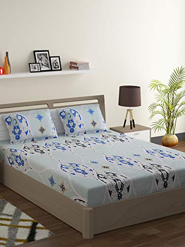 Image of Swayam Pure Cotton King Fitted Bedsheet with 2 Pillow Covers | Size 72 x 78 x 10 inch | 160 TC | Ethnic Motifs Design | Soft Breathable Bed Sheet | Comfortable & Durable for Bedroom - Grey
