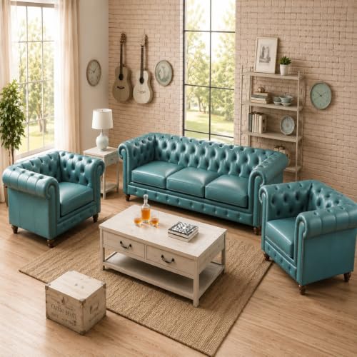 Image of Modern Classic Design Leatherette Luxury Chester Sofa Set with Button Tufted, Sofa for Living Room Home, Office, Hotel, Restaurant and Lobby, (Tel Green, 3+1+1=5 Seater Sofa)