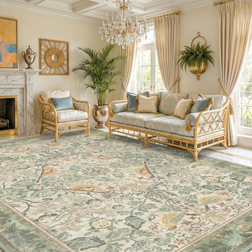 Image of Hazo Haus Washable Floral Bird Rugs for Living Room - Sage Green 8x10 Area Rugs for Bedroom Under Bed, Dining Room Kitchen Table Rug for Under Table, Nature Botanical Decor, Stain Resistant Non-Slip