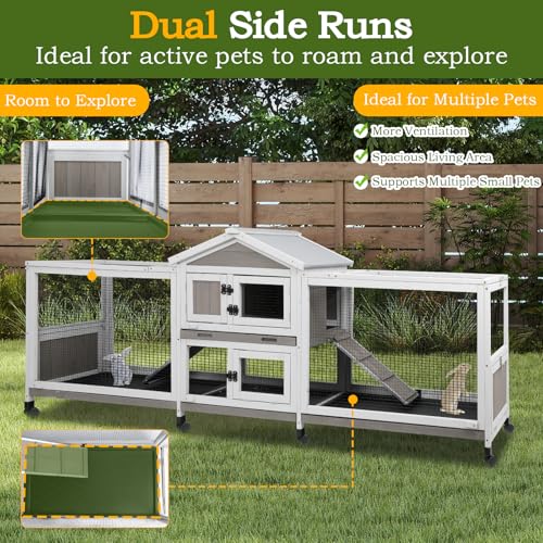 PetsCosset Double Rabbit Hutch Outdoor Indoor Large Bunny Cage with Dual Side Runs, 2-Story Wooden Hutch with 4 Leak Proof Trays, 8 Wheels, Waterproof Roof, Ramp, for Small to Medium Animals - Image 4