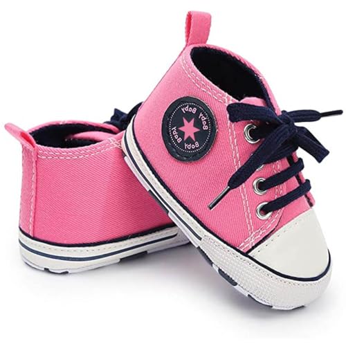 Image of Unisex Baby Boys Girls Shoes, Newborn Infant Non-Slip Canvas Denim High Top Sneakers, Toddler First Walkers Shoes