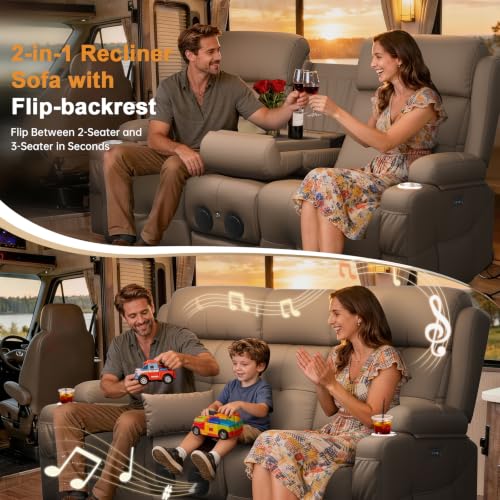 Image of Home Theater Seating, Power Loveseat Recliner Sofa with Massage & Heat, Wall Hugger Reclining Loveseat with USB, RV Couch with LED Lights, Flip Backrest, Cup Holders for Movie Theater & Gaming Room