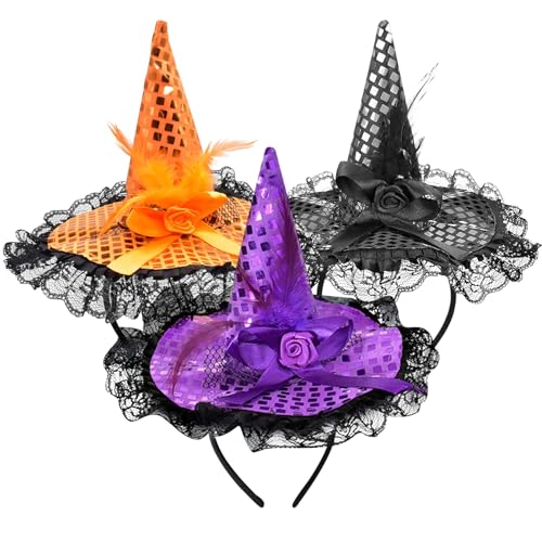 PPGGOPP Diadema de Bruja Halloween,3 Piezas diadema de Sombrero de Bruja,Diademas de halloween,Bruja Diadema Decoración para Decoración de Fiesta de Disfraces de Halloween Cabello (Color)