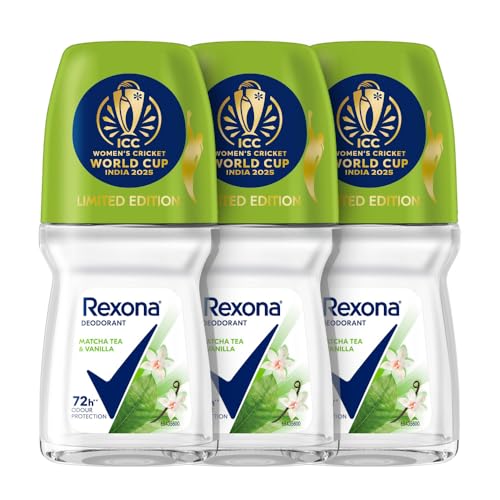 Image of Rexona Matcha Tea & Vanilla Antiperspirant Roll-On | for Women | 72H Odour Protection | Limited Edition Pack - ICC Women's Cricket World Cup India 2025 |50 ML (Pack of 3)