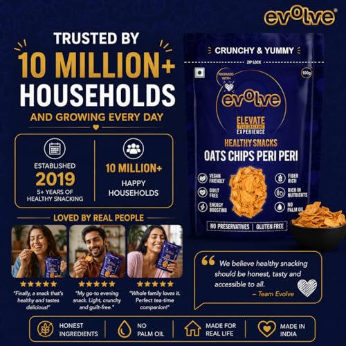 Image of Evolve Oats Chips Healthy Snacks for Kids, Adults | Gluten Free, Vacuum Fried, High in Protein, Low Calorie, Weight Loss Friendly, Peri Peri Flavor - 100g Pack of 2