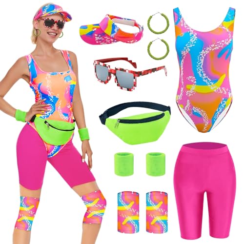 TOLOYE Disfraz de Entrenamiento de los Años 80, Disfraz Años 80 90 con Retro Accesorios, Ropa Deportiva Años 80, Conjunto Deportivo Años 80 Traje de Baño de los Años 80 para Hombre Mujer (Mujer, L)