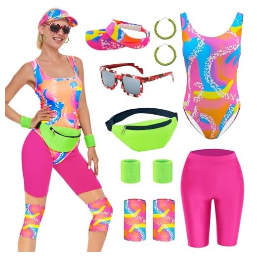 TOLOYE Disfraz de Entrenamiento de los Años 80, Disfraz Años 80 90 con Retro Accesorios, Ropa Deportiva Años 80, Conjunto Deportivo Años 80 Traje de Baño de los Años 80 para Hombre Mujer (Mujer, L)