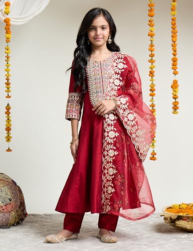 Image of Amazon Brand - Symbol Girl's Rayon Ethnic Wear Embroidered Kurta Set with Net Dupatta