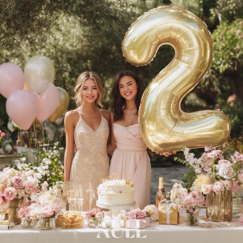 Image of AULE 40 Inch Large 2 Balloon Numbers Light Gold, Big Foil Number Balloons, Giant Helium Happy Birthday Party Decorations for Man and Women, Huge Mylar Anniversary Party Supplies