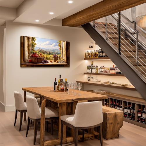crmotu Faux Window Rustic Wall Art, Fruit Harvest Kitchen Wall Decor, Vineyard Landscape Large Art Prints, Orchard Beyond the Windowsill Pictures for Living Room Dining Room Bedroom 24x48 Inch
