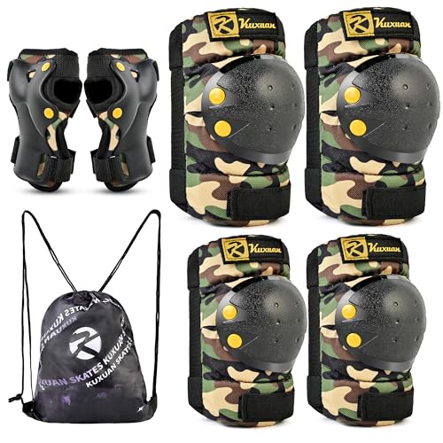 Kuxuan skates Knee Pads Elbow Pads Wrist Guards Set for Kids Protective Gear Set for Boys Girls Skateboarding Roller Skating Cycling Scooter Sand Camo with Drawstring Bag