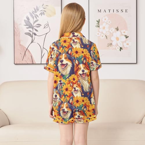 ALAZA Sunflower Puppy Dog Blossom Satin Pajamas Set Short Sleeve Button Down Sleepwear Summer Pjs 2 Piece4