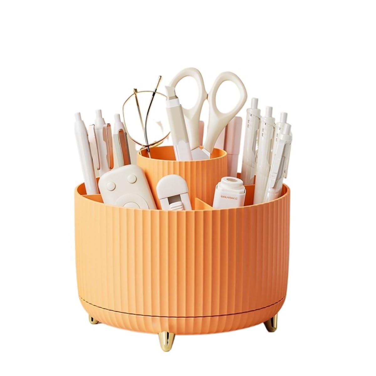 AZHKJKZH Desk Tidy Caddy Pencil Pen Holder 360° Degree Rotating 5 Slots Desktop Stationery Organizers Office Supplies(Orange)