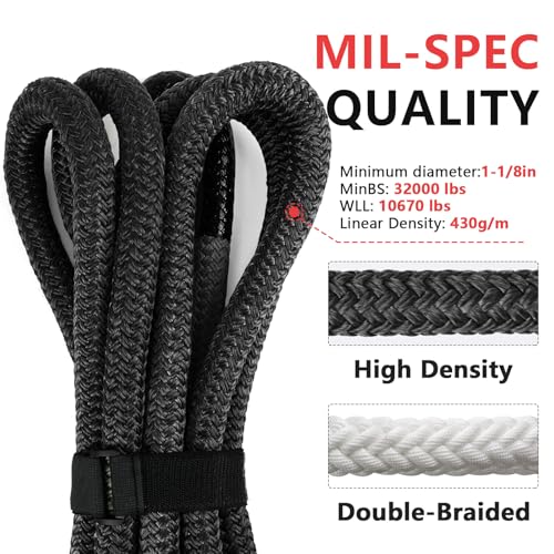 Image of NTR 1-1 /8 inch x 30' Kinetic Recovery Tow Rope (37,480lbs), with 2 UHMWPE Soft Shackles (40,980lbs), Heavy-Duty Offroad Snatch Strap, Vehicle Recovery kit for Jeep car Truck ATV UTV SUV, Black