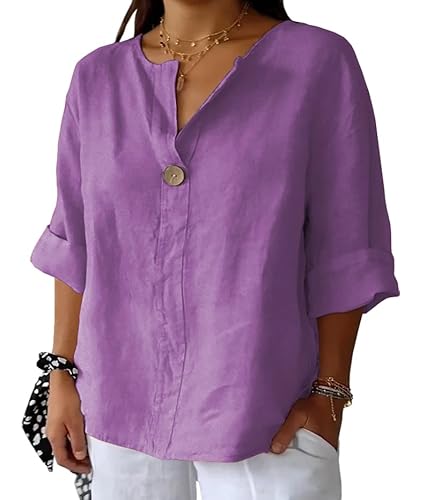 ForHailey Plus Size Linen Tunic Tops for Women 3/4 Sleeve V Neck Cotton Shirts Button Blouse Loose Fit Tee Summer Clothes Purple XX-Large