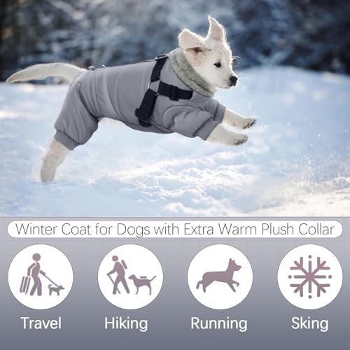 Image of BRKURLEG Grey Dog Winter Coat, Cozy Winter Dog Jackets, Small Dogs Coat with Harness, Onesie Body Warm Puppy Jacket, Pet Reflective Windproof Cold Weather Jackets, Puppy Four-Legged Puffer Coats, XL