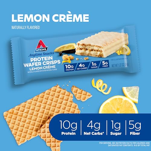 Image of Atkins Lemon Wafer Crisps, Protein Snack, 10g Protein, 4g Net Carbs, 1g Sugar, 5g Fiber, 5 Count
