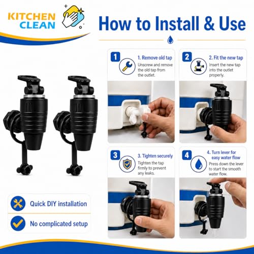 Image of Kitchen Clean All RO Water Purifier Taps for Kent, Dolphin, Aqua - Suitable for Mud Pot Water Can, Water Dispenser, Filter Nal (Black | Pack of 2)