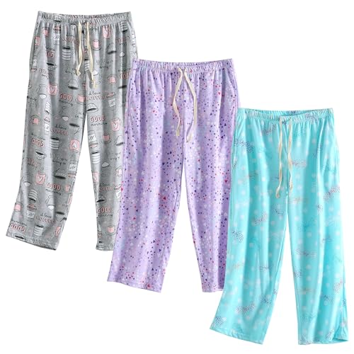 Image of PNAEONG 3 Pack Women Pajama Pants Capri Length Drawstring Pj Bottoms Sleep Lounge Pants with Pockets S-3XL