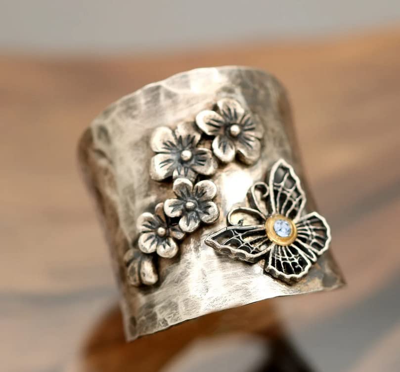Vintage Silver Diamond Bee Ring 925 Sterling Silver Brass Flower Fidget Rings Band Carving Flower Bee Butterfly Ring Creativity Birthstone Wedding Engagement Ring Flower Cluster 103