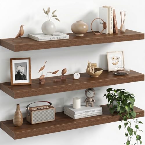 Image of Fun Memories 32Inch Floating Shelves for Wall, 8 Inch Deep Shelves for Bathroom|Bedroom|Kitchen Wall Mounted, Wood Hanging Shelf with Invisible Brackets for Home Storage Decor, Walnut - 3 Pack