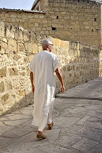 COOFANDY Men's V-Neck Linen Robe Short Sleeve Kaftan Thobe Long Gown Casual Shirt for Beach, Summer3