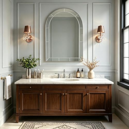 Image of MOON MIRROR Arched Mirror for Bathroom, Bathroom Mirrors for Over Sink, 30x40 inch Brushed Nickel Non-Rusting Vanity Mirror in Delicate Tessellated Glass Design