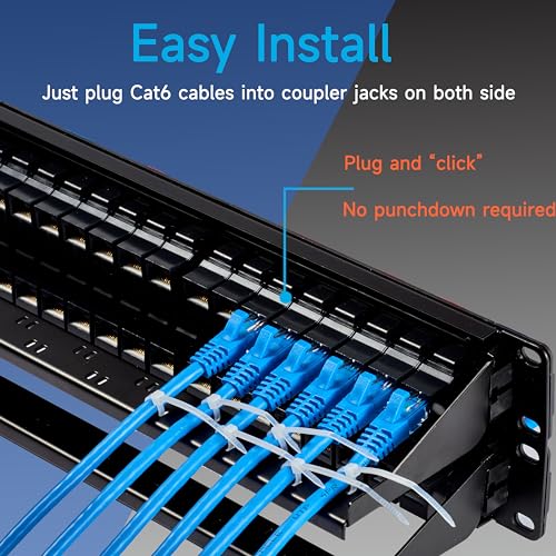 Lysymixs 48 Port RJ45 Patch Panel Cat6 Feed Through,Coupler Network Patch Panel 19 Inch,Inline Keystone Ethernet Patch Panel with Back Bar,Gold
