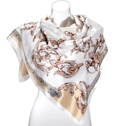 SATINIOR 35 Inch Silky Head Scarf 2 Pcs Large Square Neck Scarf Sleeping Hair Wrapping Satin Bandana for Women(Beige,Lovely Style)2