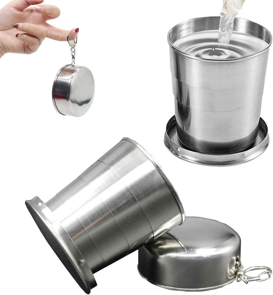 Mshine Stainless Steel Foldable Water Cup | Travel Mug with Hanging Chain for Camping, Hiking and Trekking | Multipurpose, Portable Folding Glass Compact Design (120ml, Pack of 1)