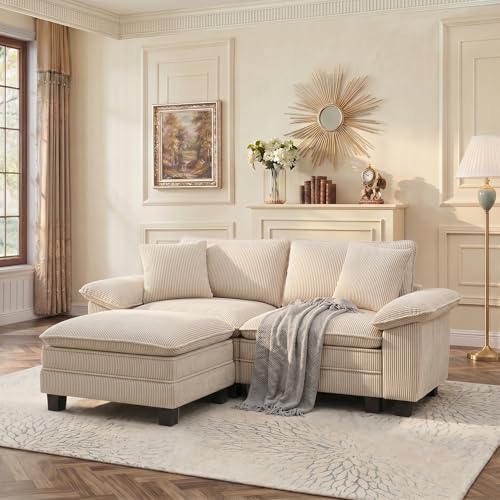 Image of PHI VILLA 87.5 inch Oversized Sectional Loveseat Sofa with 1 Movable Ottoman | Corduroy Beige, Wider Armrest, Comfy Deep Seat, Wood Frame, Modern Cloud Modular Couch for Living Room and Apartment