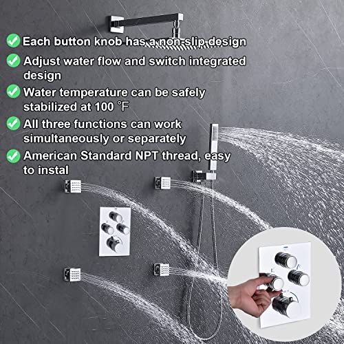NPYSVSSS Rain Shower System,12 Inch Wall Mounted Rain Shower Head with Body Jets and Handheld Shower, Push Button Thermostatic Shower Faucet Set, Can Use all Options at a Time, Polished chrome — view 3