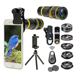 Godefa Cell Phone Camera Lens with Tripod+ Shutter Remote,6 in 1 18x Telephoto Zoom Lens/Wide Angle/Macro/Fisheye/Kaleidoscope/CPL, Clip-On lense Compatible for iPhone X 8 7 6s Plus, Samsung and More