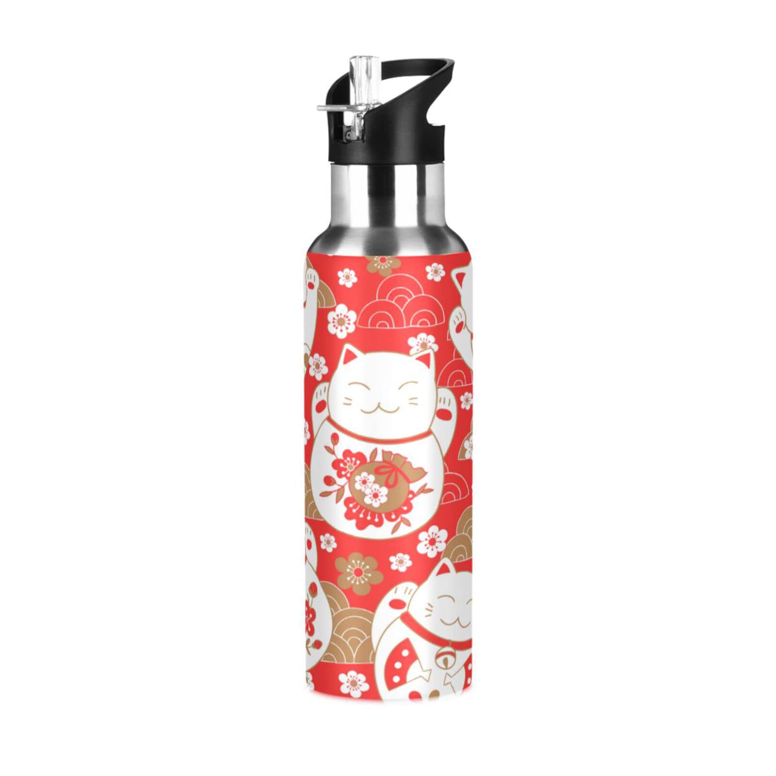 ALAZA Lucky Cat Maneki Neko Red Water Bottle With Straw Lids Boys Girls,Vacuum Insulated Leakproof Stainless-Steel Sports Bottle Thermal Flask For Gym Yoga Camping,20Oz (600Ml)