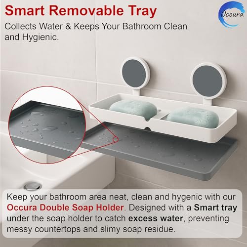 Image of Soap Holder Pack of 2 | Large Adhesive Dish 4 Soaps | Drill free wall mounted bathroom organizer. Stickable washbasin plastic stand set for shared family washrooms. Wall safe.