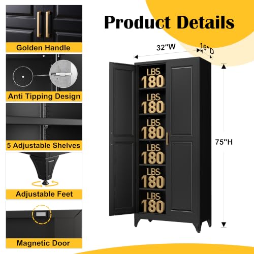 Image of SteeLoong 75 inchMetal Pantry Storage Cabinet with Doors & 5 Adjustable Shelves