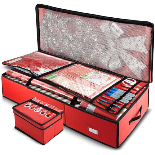 Image of Hearth & Harbor Wrapping Paper Storage Container - Christmas Storage Bag with Ribbon Dispenser and Interior Pockets - Gift Wrap Organizer Fits Up to 26 Rolls of 40 inch Length, Red