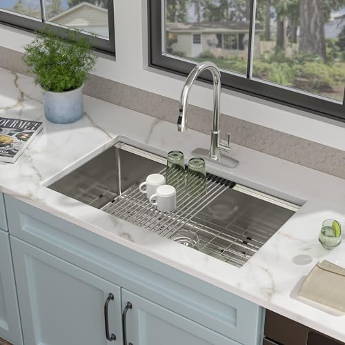 Image of 36 Undermount Kitchen Sink - Fulorni 36 inchx19 inch Kitchen Sink Ledge Workstation Under Counter 16 Gauge 304 Stainless Steel Large Single Bowl Basin