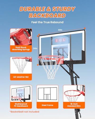 Image of IGL Basketball Hoop Outdoor 40 /44 /47 Inch, Height Adjustable 5.3-10 FT, Portable Basketball Goal with Shatterproof Backboard for Kids Teens Adults, Backyard Driveway