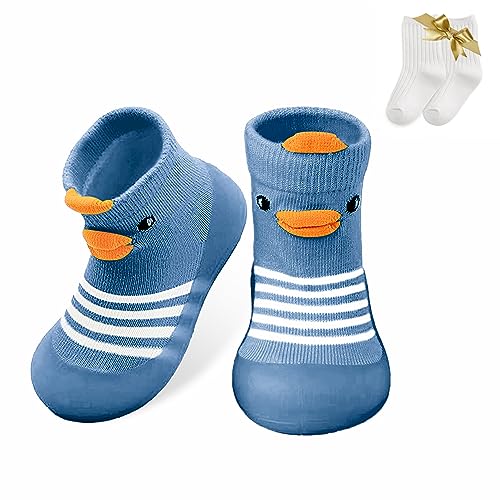 ZURLEFY Blue Duck Shoes for Baby Boy, Infant First Walking Shoes, Rubber Non Slip Floor Baby Shoe Socks for Unisex Newborn Infants Toddlers Boys Girls(37-06L)