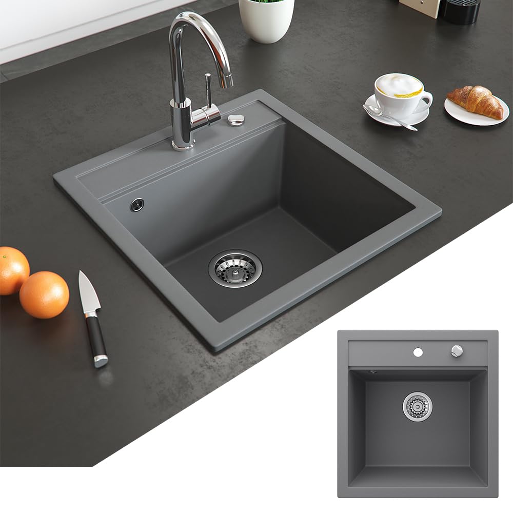 Bergström Lavello "Tesa", Grigio, 49 x 51 cm | con piletta di scarico e fori preforati per rubinetteria