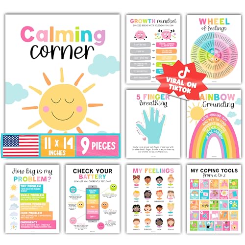Hadley Designs 9 Calming Corner Posters for Classroom Decor - Feelings Chart for Kids, School Counselor Office Decor, Sensory Calm Down Corner Items Kids, Pastel Homeschool & Daycare Emotions Chart