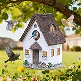 Brid Houses for Outside Rustic Cottage Birdhouse with Thatch Roof β Hand-Painted Resin Bird Houses for Outdoors for Humming Finches Cardinals Bird Nesting Garden, Patio, Yard